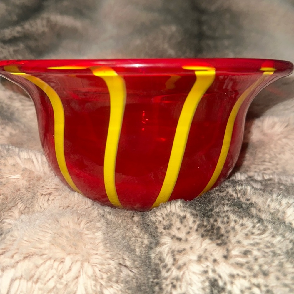 Vintage Italian Murano Glass candy dish red with yellow stripes